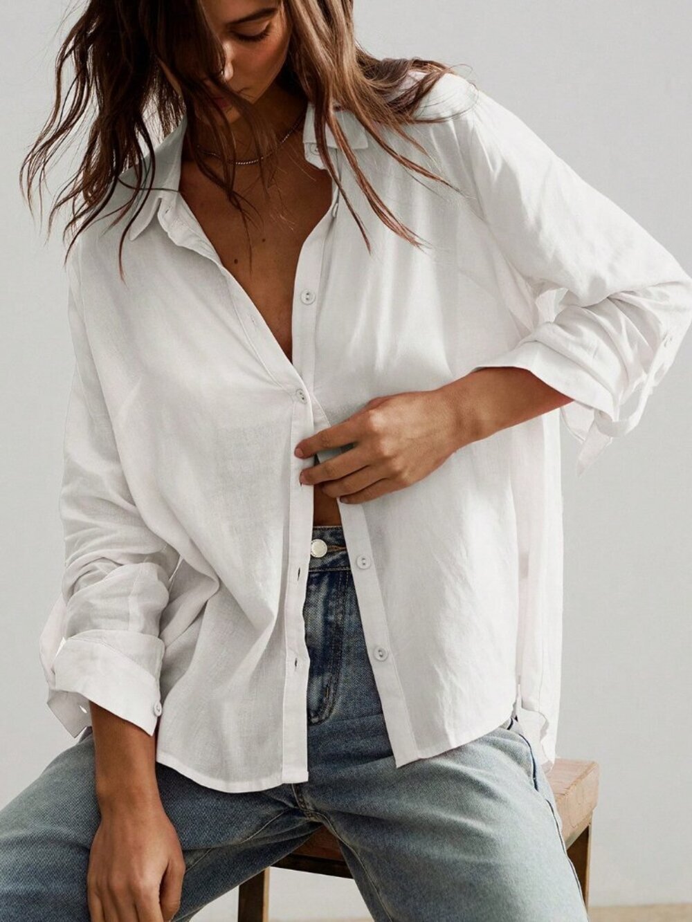 White Casual Women's Linen Long Sleeve button down Shirt